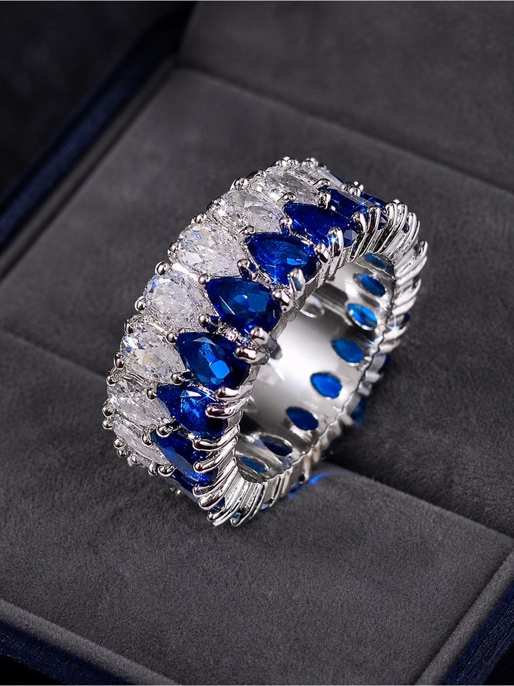 Silver color Ring with Blue and Clear Stones - Women Jewelry - Picture 7 of 8